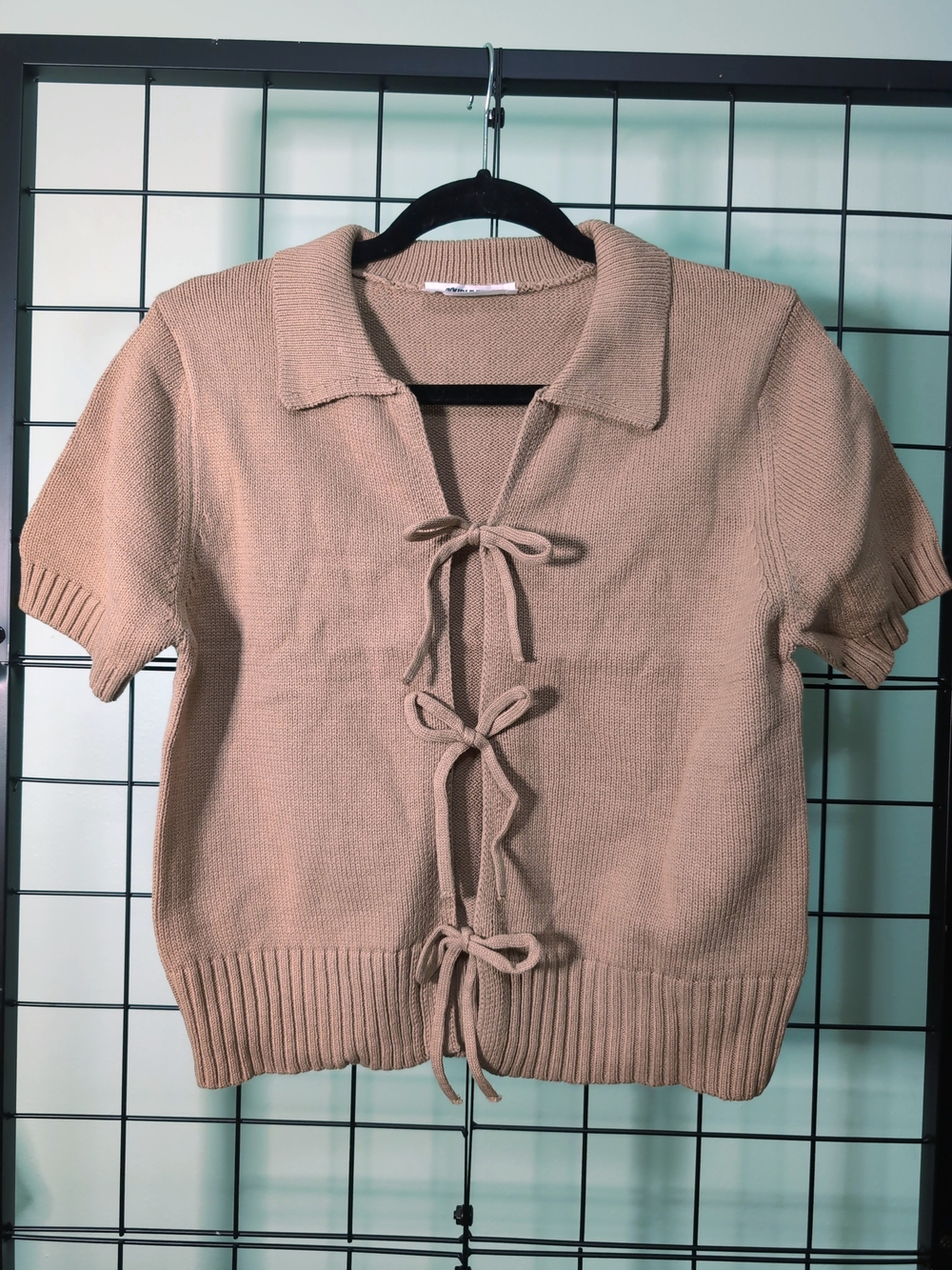 NWOT Double Zero Tie Front Knit Cardigan Top Beige Cotton Blend Short Sleeve M
